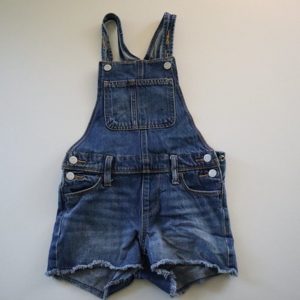Old Navy Medium Blue Denim Overall Cutoff Shorts Adjustable Straps Girls S 6-7